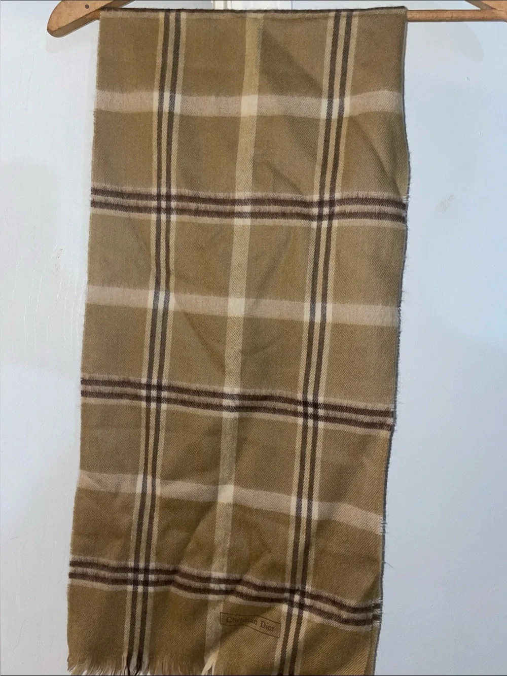 Vintage Christian Dior Scarf Made In Japan 100% Merino Wool Beige & Brown Plaid